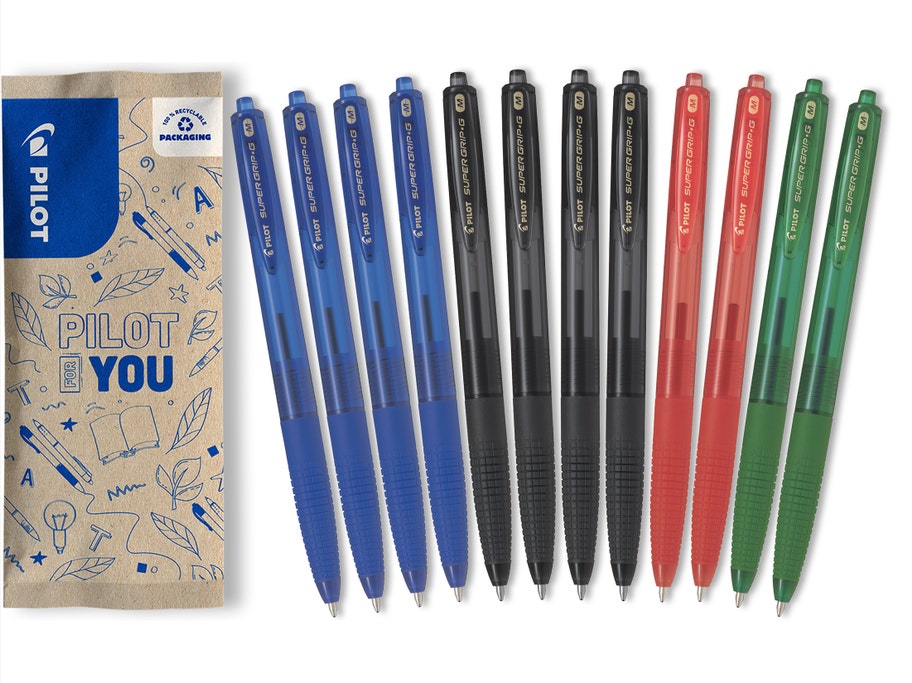 Packshot Lot de 12 stylos bille Super Grip G Retractable Pointe Moyenne Noir, Bleu, Rouge, Vert rechargeable rétractable - Pilot Pen