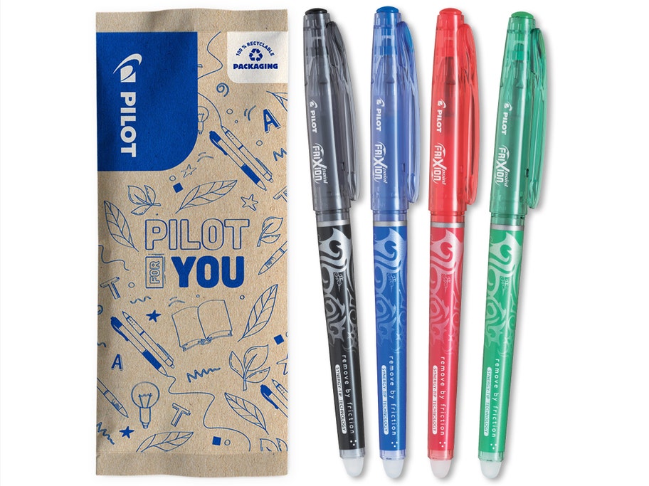 Packshot Lot de 4 rollers encre gel effaçable FriXion Point Pointe Fine Noir, Bleu, Rouge, Vert effaçable rechargeable - Pilot Pen